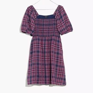 Madewell Lucie Puff-Sleeve Smocked Mini Dress in Rockfern Plaid